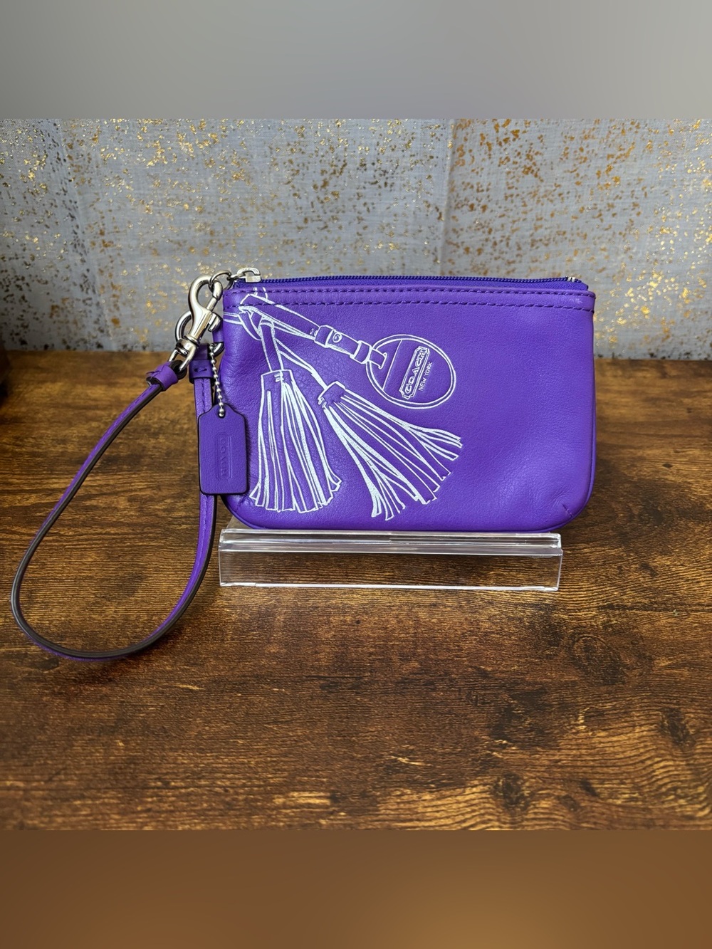 Coach Legacy Iris Purple Leather Trompe L’Oeil Silver Etched Tassel Wristlet